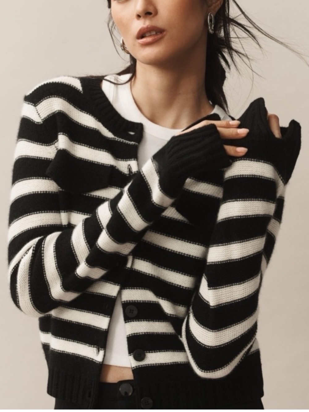 Anthropologie Black and White Striped Cropped cashmere Cardigan